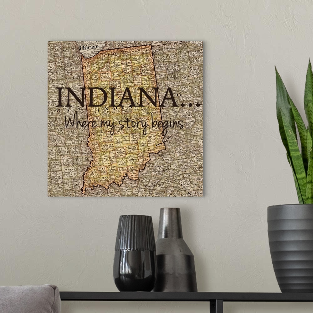 A modern room featuring Black text over a map of the state of Indiana.