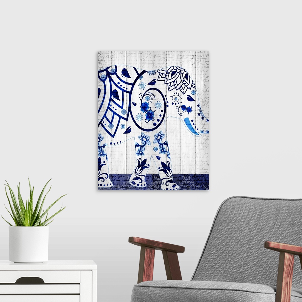 A modern room featuring An elephant with a beautiful blue floral design pattern on a white wood panel background with fai...