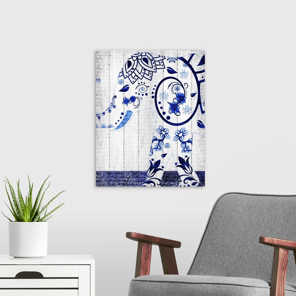 A modern room featuring An elephant with a beautiful blue floral design pattern on a white wood panel background with fai...