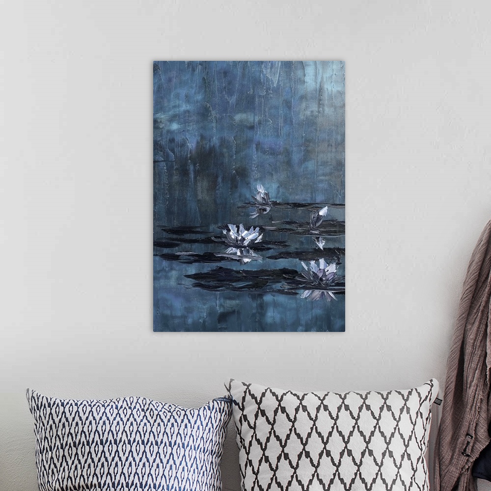 A bohemian room featuring Contemporary painting of waterlilies in a dark blue pond.