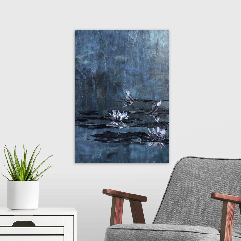 A modern room featuring Contemporary painting of waterlilies in a dark blue pond.