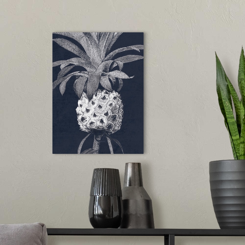 A modern room featuring A painting of a white pineapple on an indigo background.