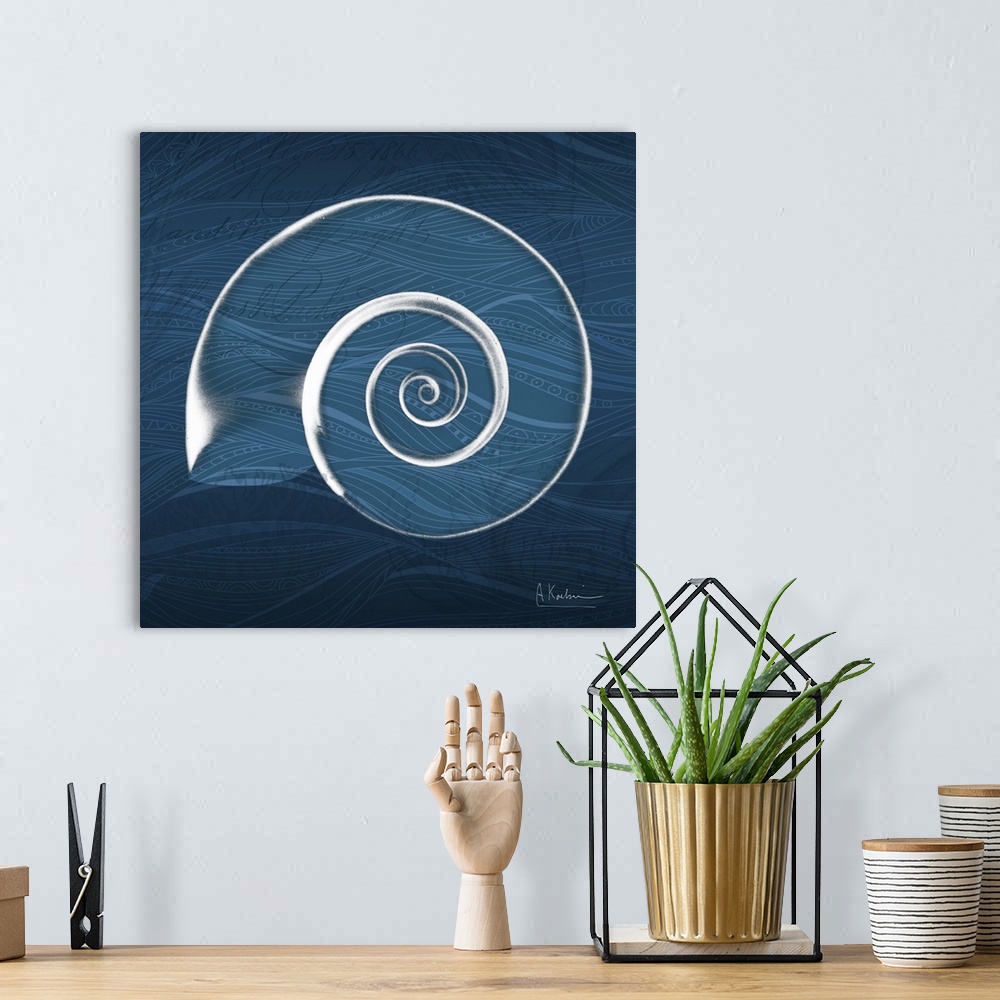 A bohemian room featuring X-ray photograph of a spiral seashell against a wavy dark blue background.