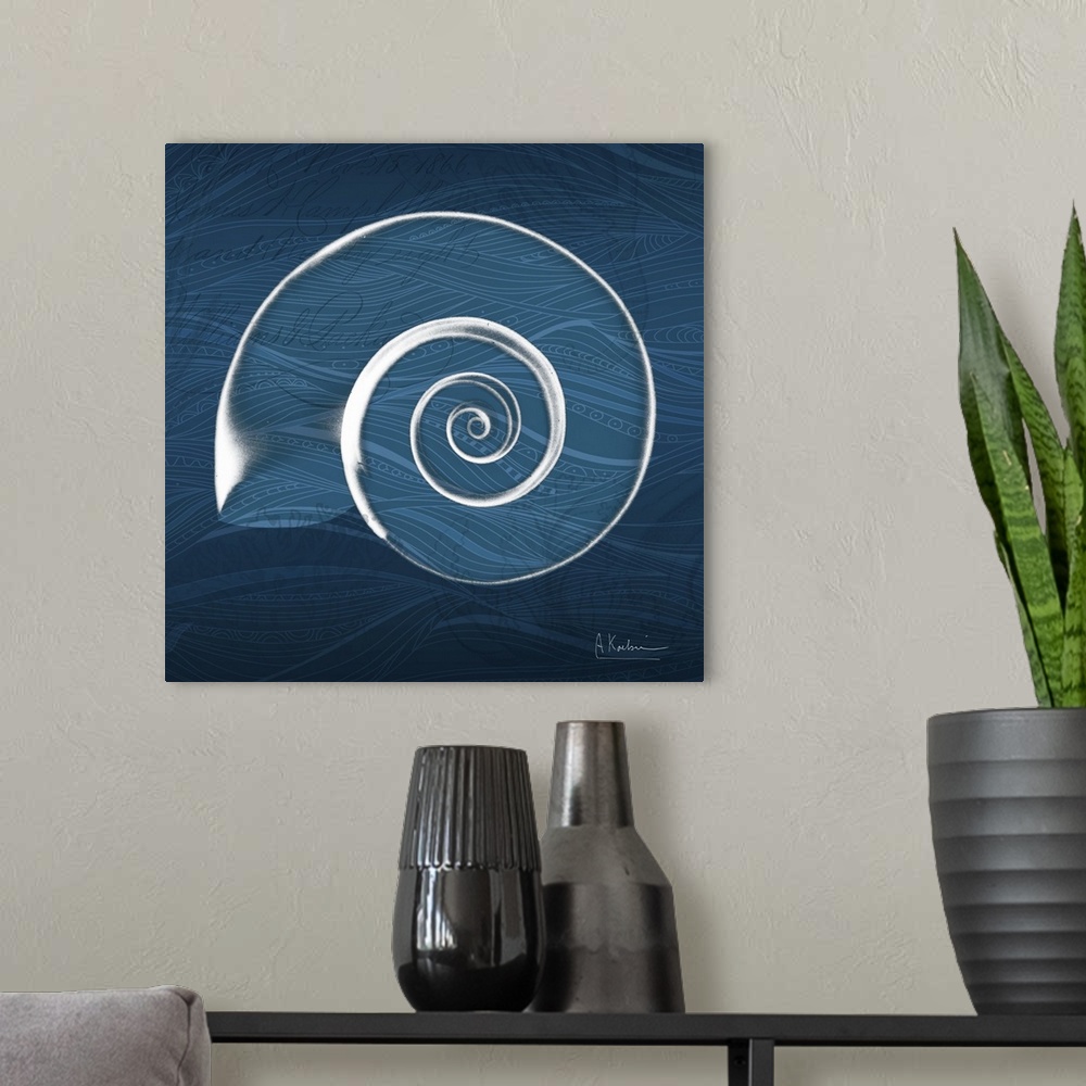 A modern room featuring X-ray photograph of a spiral seashell against a wavy dark blue background.