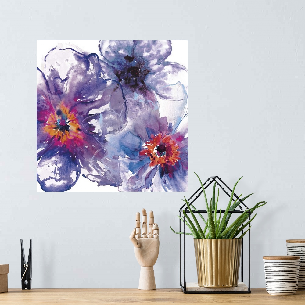 A bohemian room featuring Contemporary home decor artwork of purple abstract flowers.