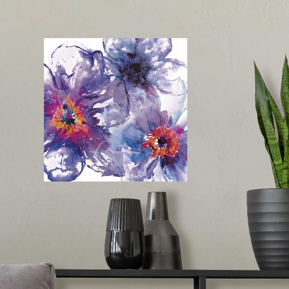 A modern room featuring Contemporary home decor artwork of purple abstract flowers.