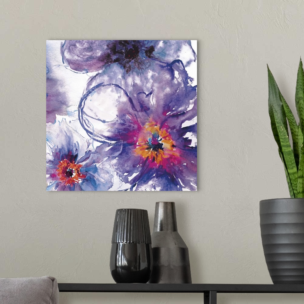 A modern room featuring Contemporary home decor artwork of purple abstract flowers.
