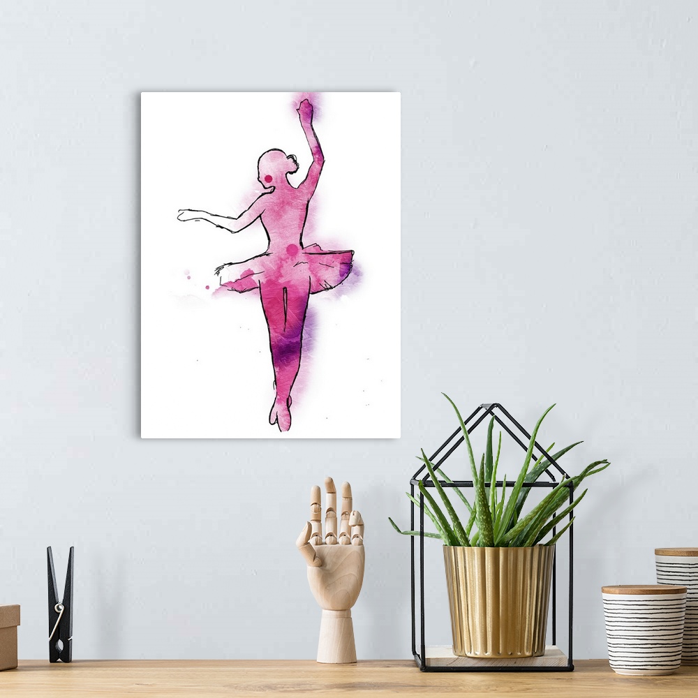 A bohemian room featuring A black outline of a ballerina wearing a tutu painted with pink and purple hues on a white backgr...