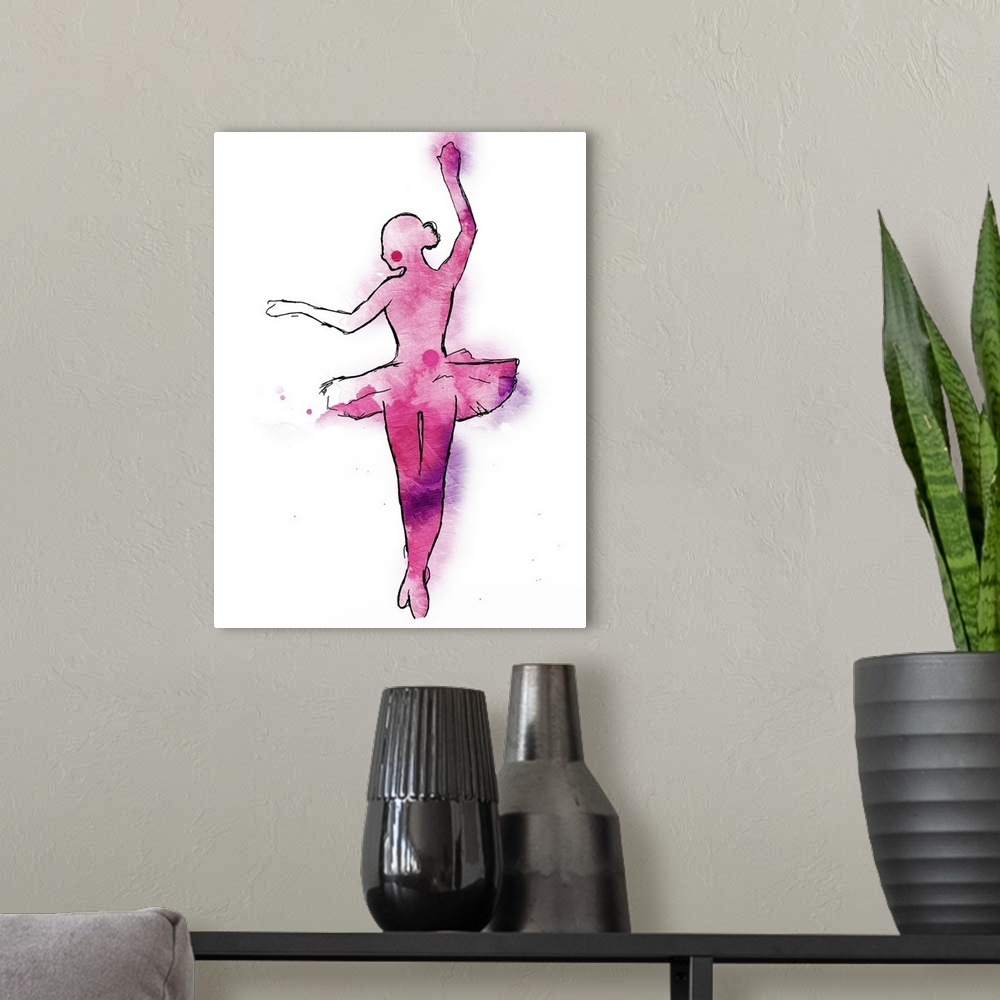 A modern room featuring A black outline of a ballerina wearing a tutu painted with pink and purple hues on a white backgr...