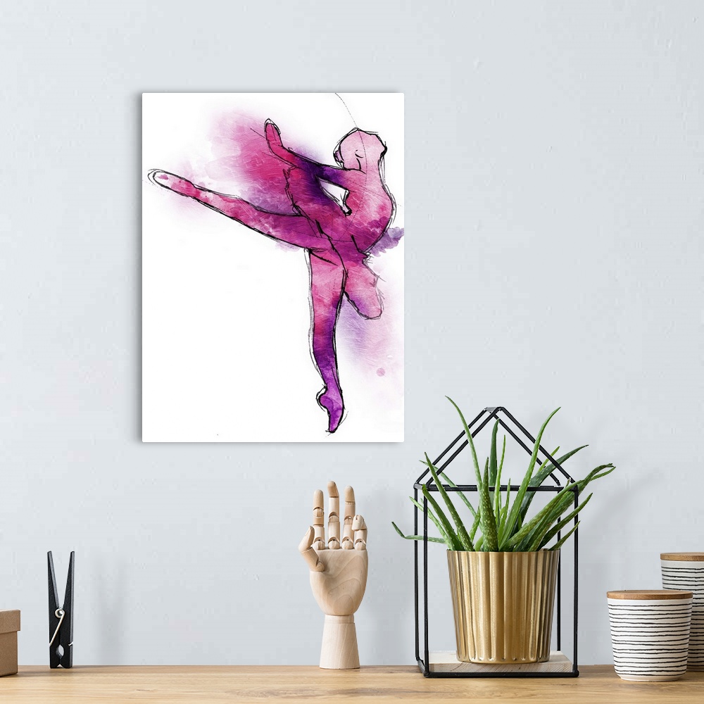 A bohemian room featuring A black outline of a ballerina in motion painted with pink and purple hues on a white background.