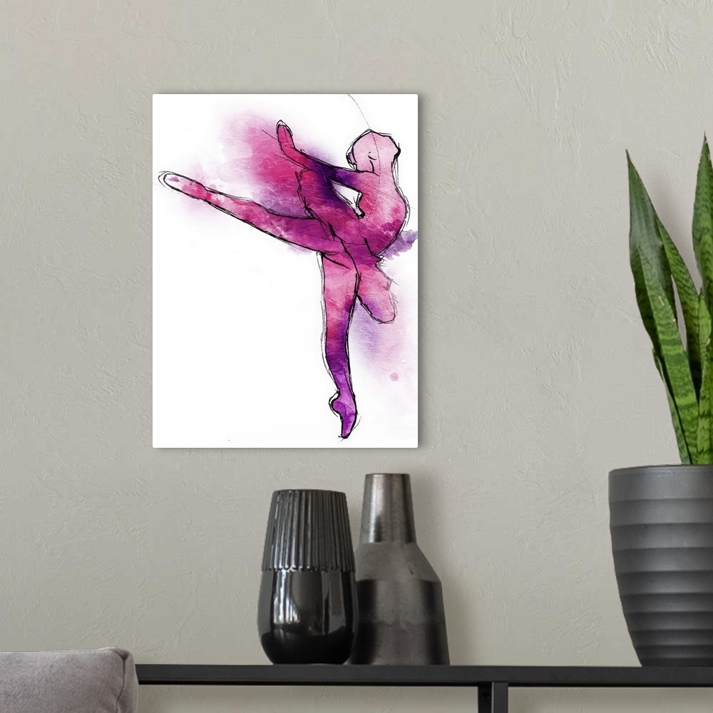 A modern room featuring A black outline of a ballerina in motion painted with pink and purple hues on a white background.