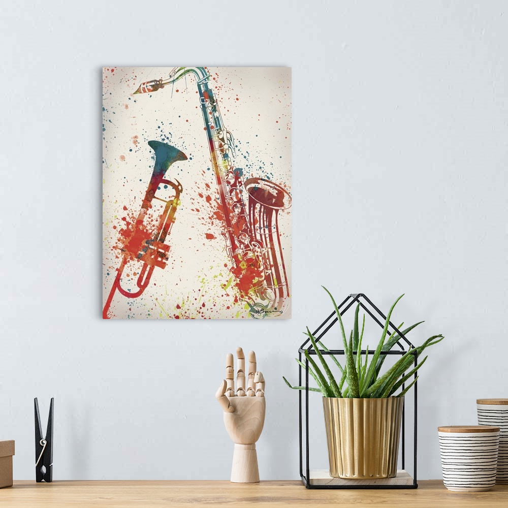 A bohemian room featuring A trumpet and saxophone in brightly colored paint splatters.