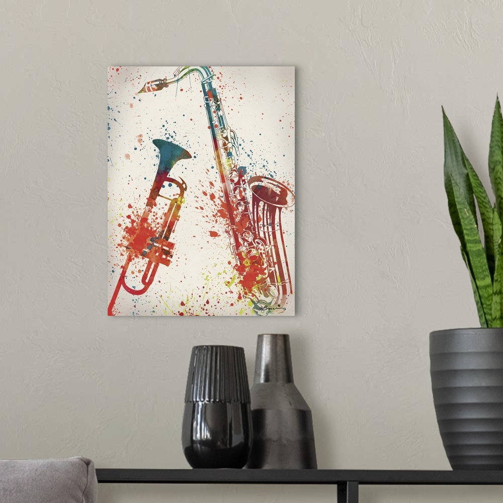 A modern room featuring A trumpet and saxophone in brightly colored paint splatters.