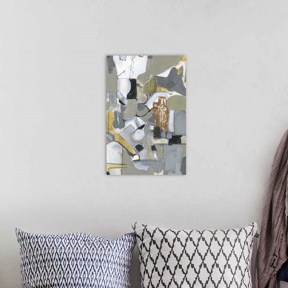 A bohemian room featuring Abstract contemporary painting in shades of grey and brown, contrasting with pops of white.