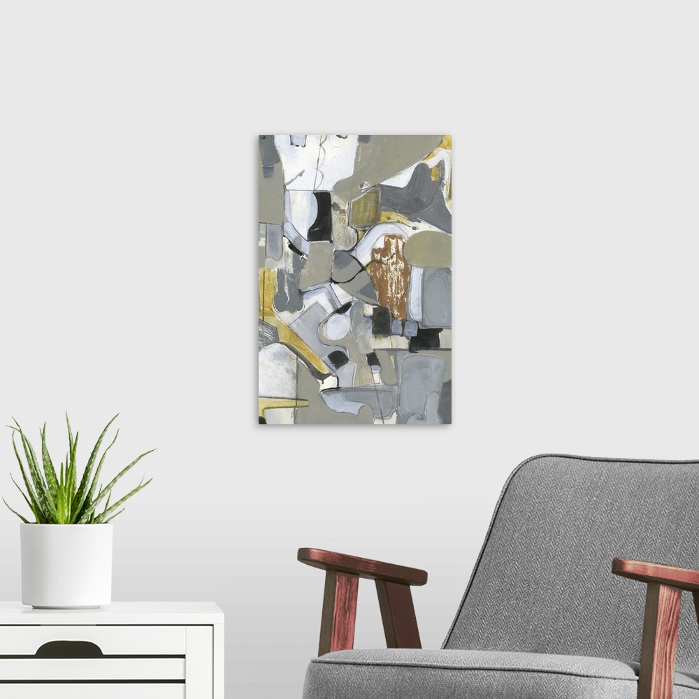 A modern room featuring Abstract contemporary painting in shades of grey and brown, contrasting with pops of white.