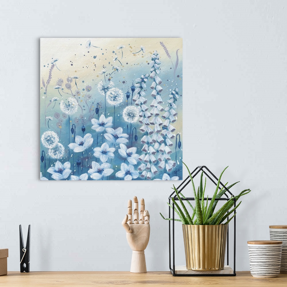 A bohemian room featuring Contemporary artwork of several white dandelions and bluebells on a pastel blue background.