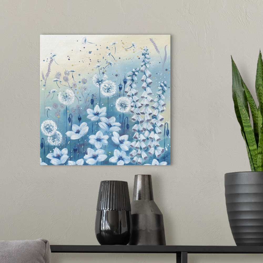 A modern room featuring Contemporary artwork of several white dandelions and bluebells on a pastel blue background.