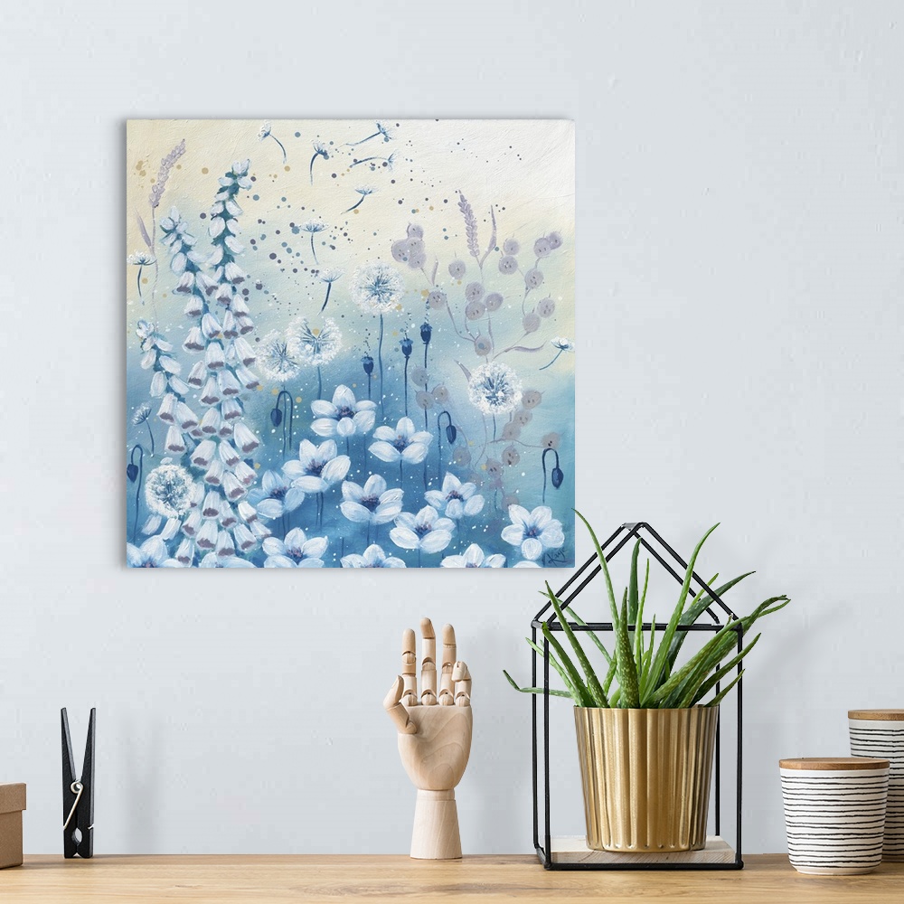 A bohemian room featuring Contemporary artwork of several white dandelions and bluebells on a pastel blue background.