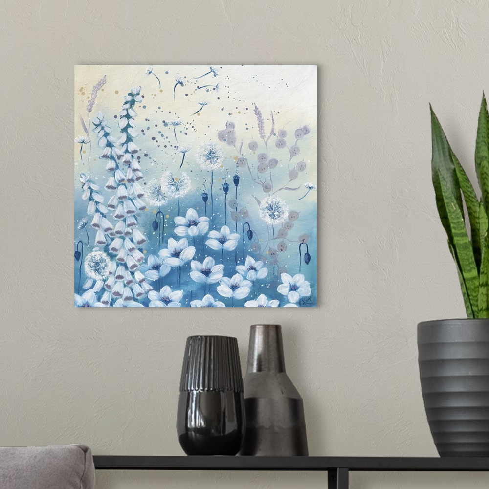 A modern room featuring Contemporary artwork of several white dandelions and bluebells on a pastel blue background.