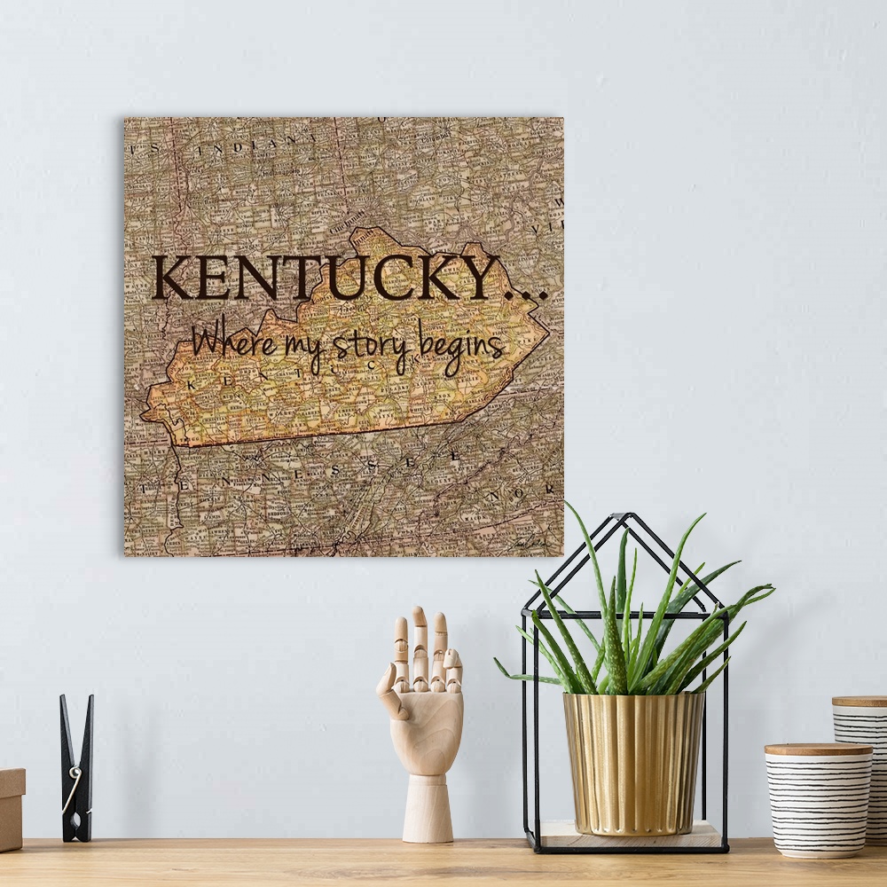 A bohemian room featuring Black text over a map of the state of Kentucky.