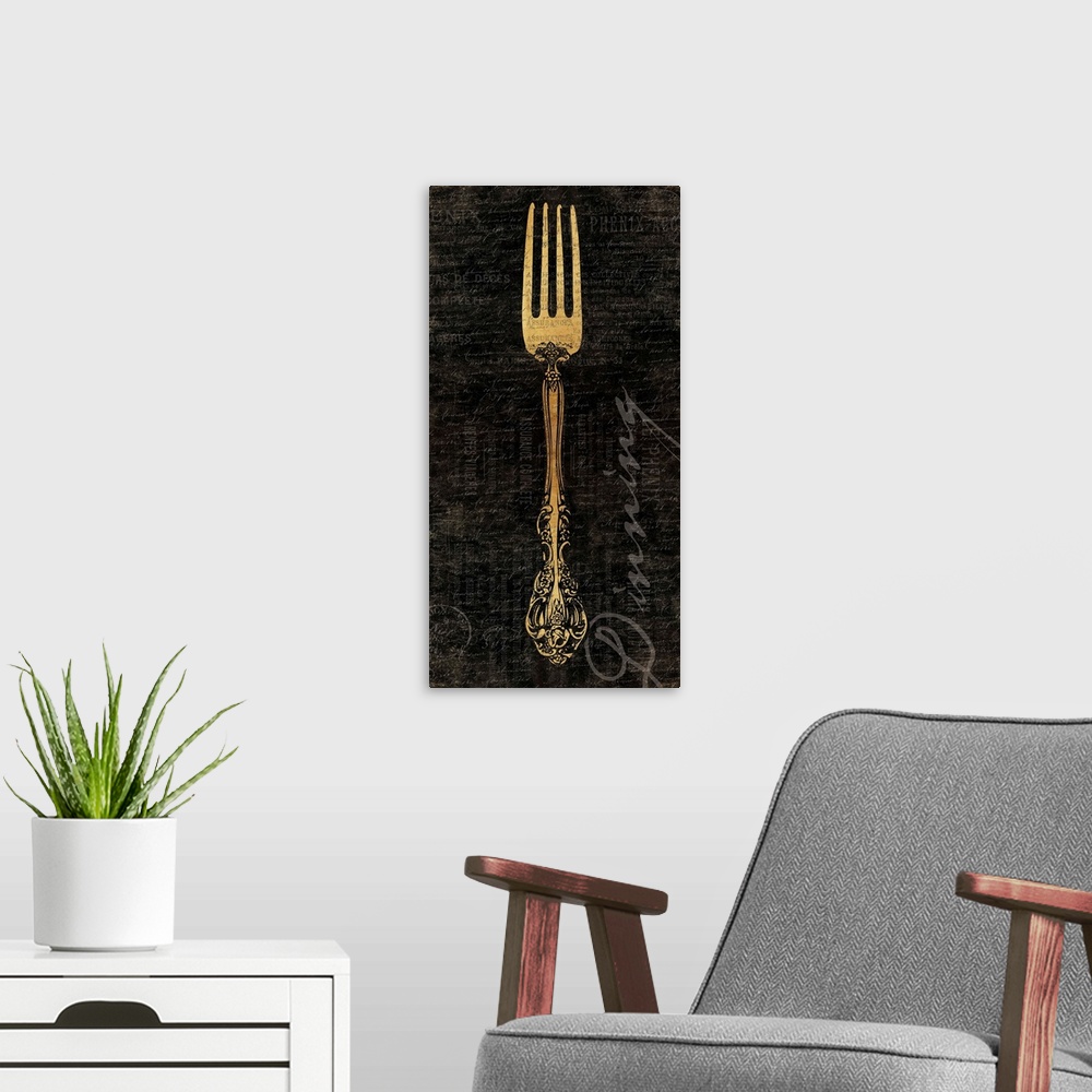 A modern room featuring artwork of decorative antique kitchen fork against dark textured background.