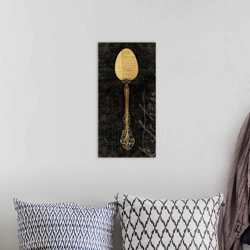 A bohemian room featuring artwork of decorative antique kitchen spoon against dark textured background.