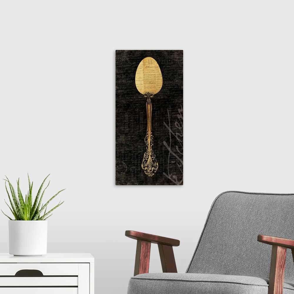 A modern room featuring artwork of decorative antique kitchen spoon against dark textured background.