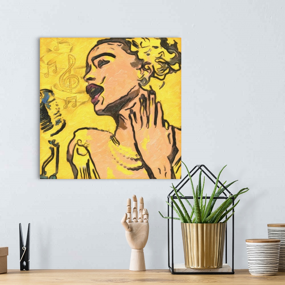 A bohemian room featuring Contemporary painting of a woman singing the blues.