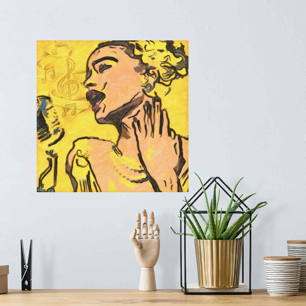 A bohemian room featuring Contemporary painting of a woman singing the blues.