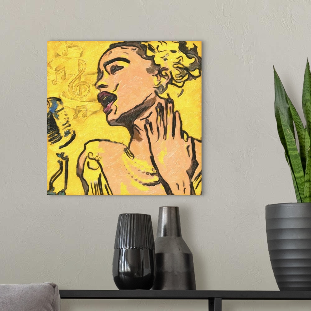 A modern room featuring Contemporary painting of a woman singing the blues.