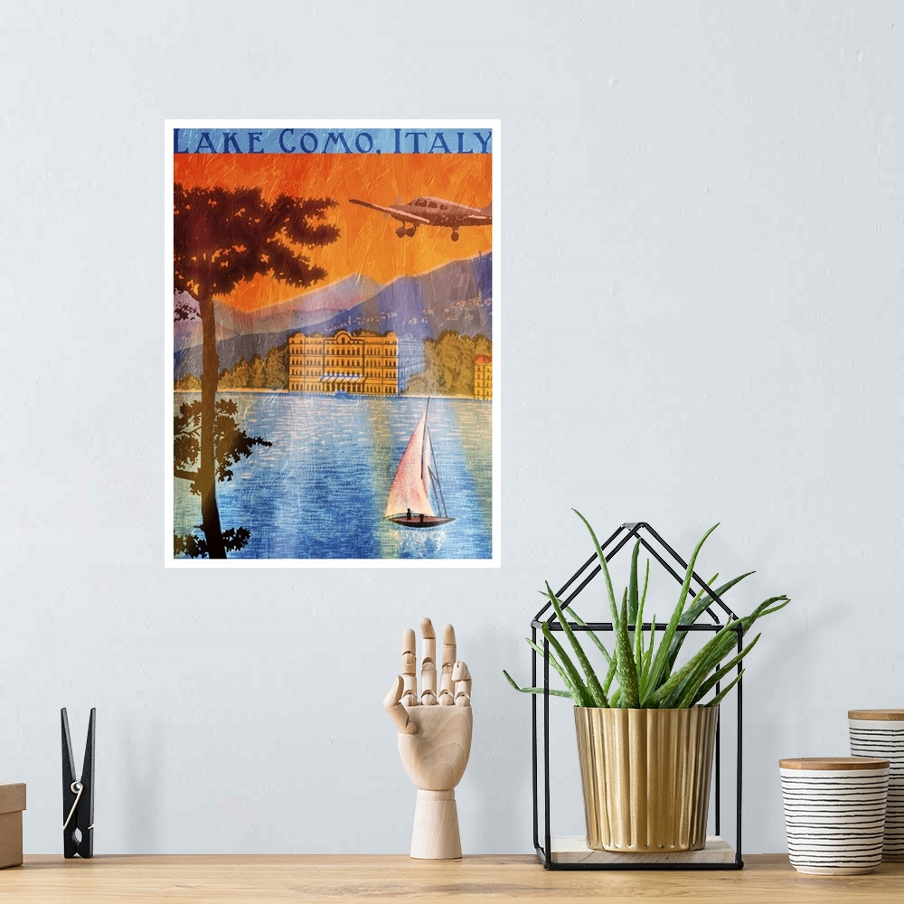 A bohemian room featuring Home decor artwork of a travel poster for Italy in a vintage style.