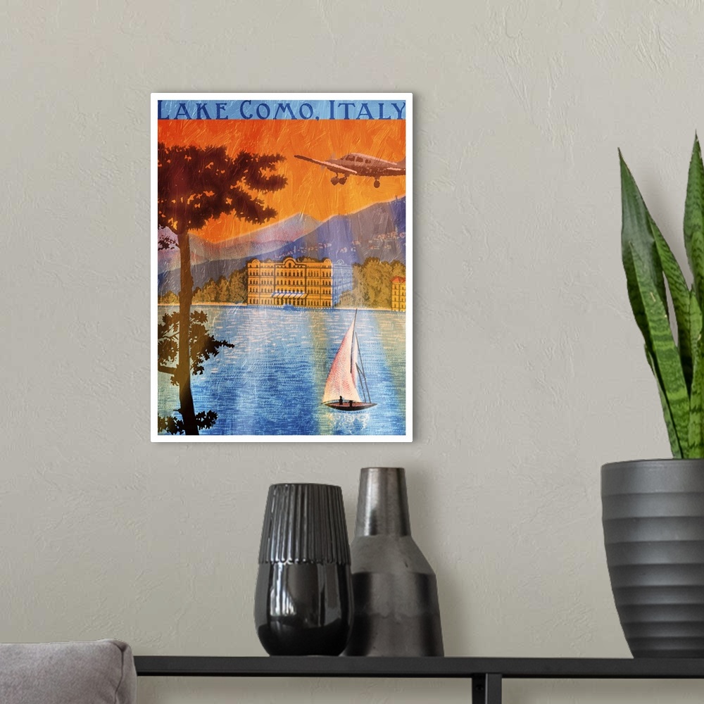 A modern room featuring Home decor artwork of a travel poster for Italy in a vintage style.