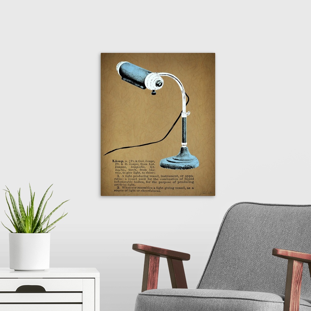 A modern room featuring Retro-style illustration of a desk lamp with the dictionary definition below the image.