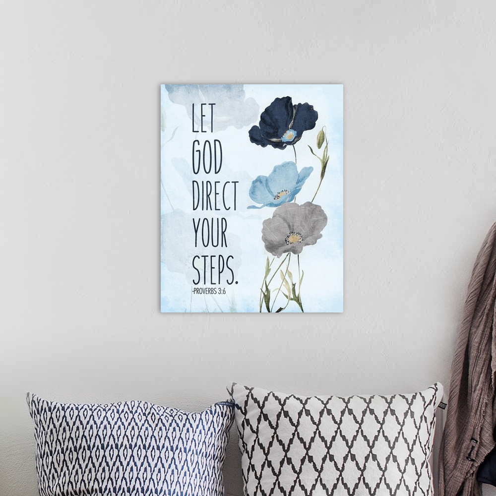 A bohemian room featuring Bible verse Proverbs 3:5 with a blue poppy flower design.