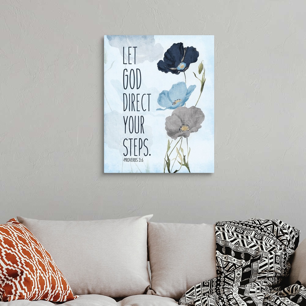 A bohemian room featuring Bible verse Proverbs 3:5 with a blue poppy flower design.