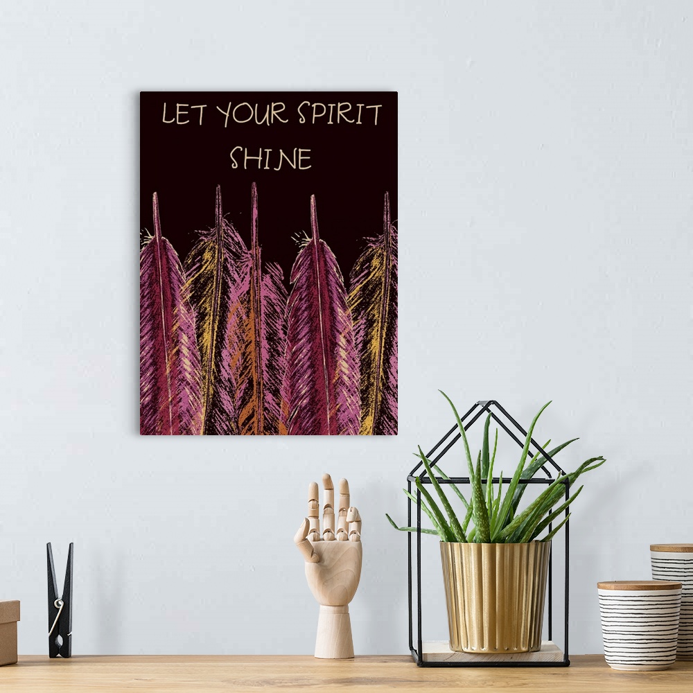 A bohemian room featuring Contemporary home decor artwork of vibrantly colored pink and purple feathers.