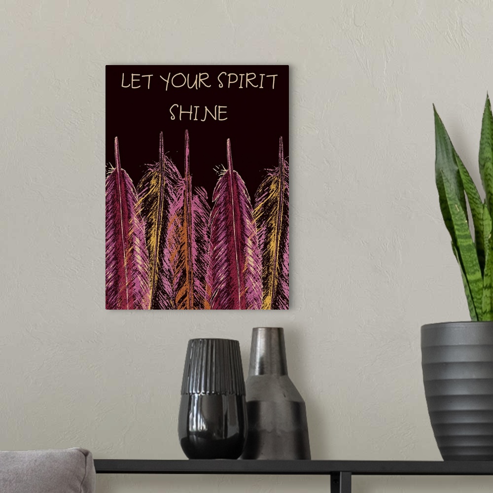 A modern room featuring Contemporary home decor artwork of vibrantly colored pink and purple feathers.