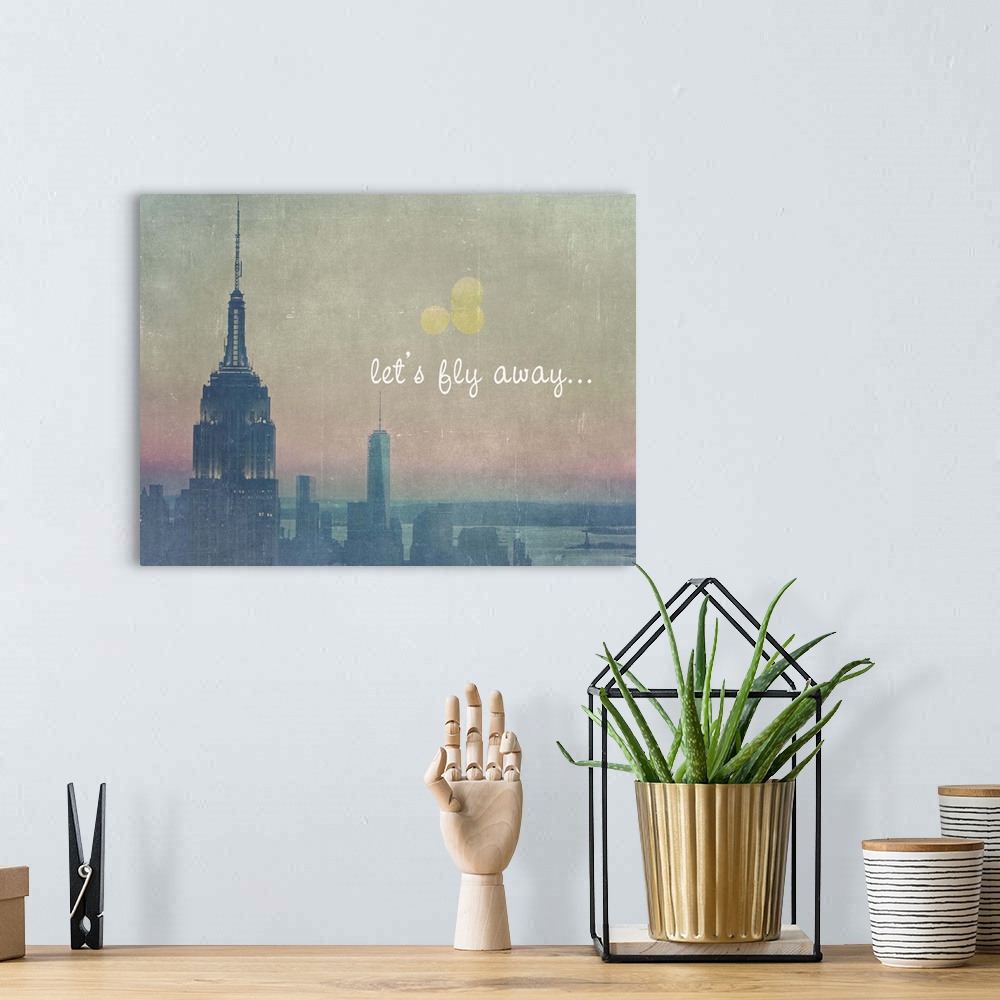 A bohemian room featuring Artistically filtered photograph of the Empire state building in NYC, with yellow balloons floati...