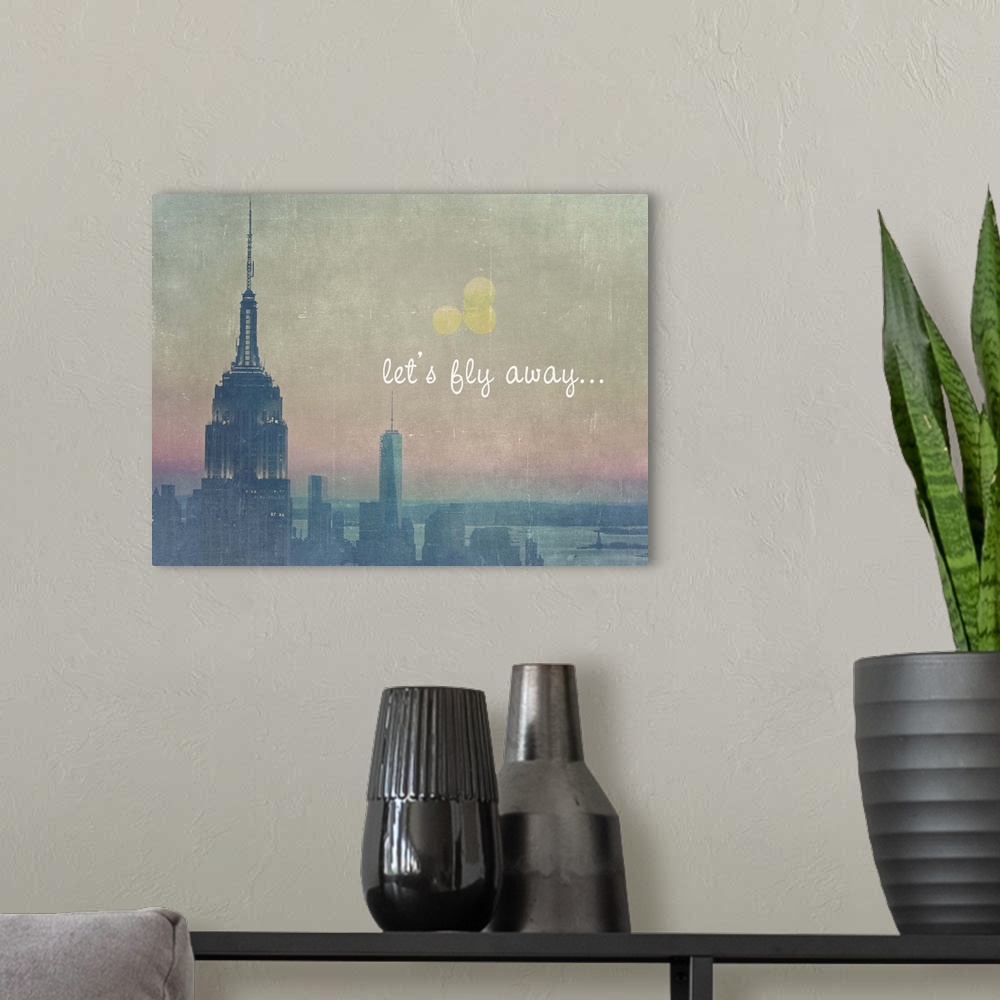 A modern room featuring Artistically filtered photograph of the Empire state building in NYC, with yellow balloons floati...
