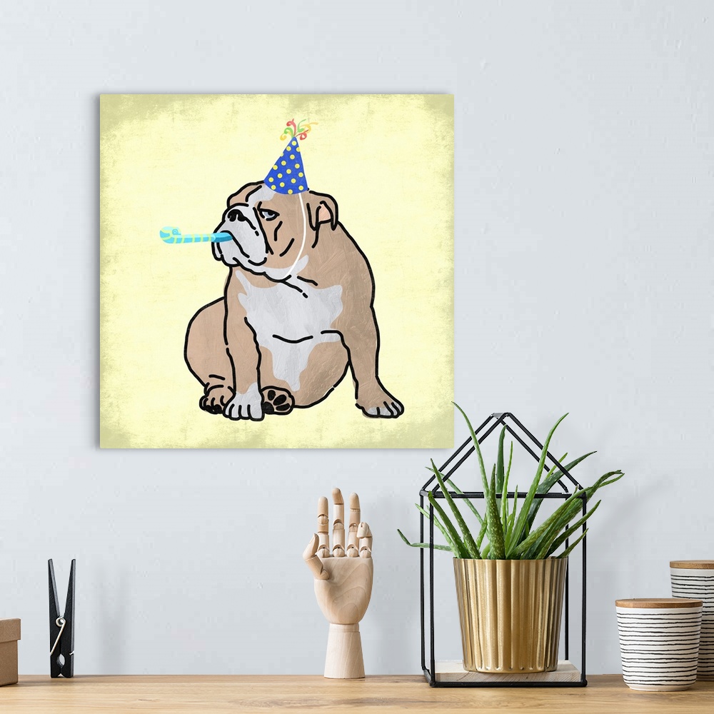 A bohemian room featuring A painting of a dog wearing a party hat and using a noise maker.