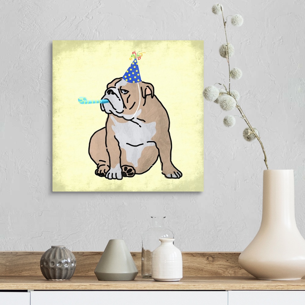 A farmhouse room featuring A painting of a dog wearing a party hat and using a noise maker.