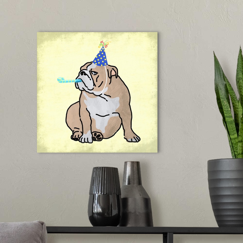 A modern room featuring A painting of a dog wearing a party hat and using a noise maker.