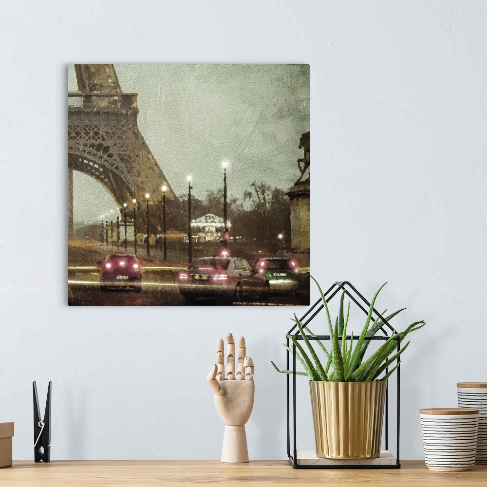 A bohemian room featuring Traffic in Paris at night at the base of the Eiffel tower.