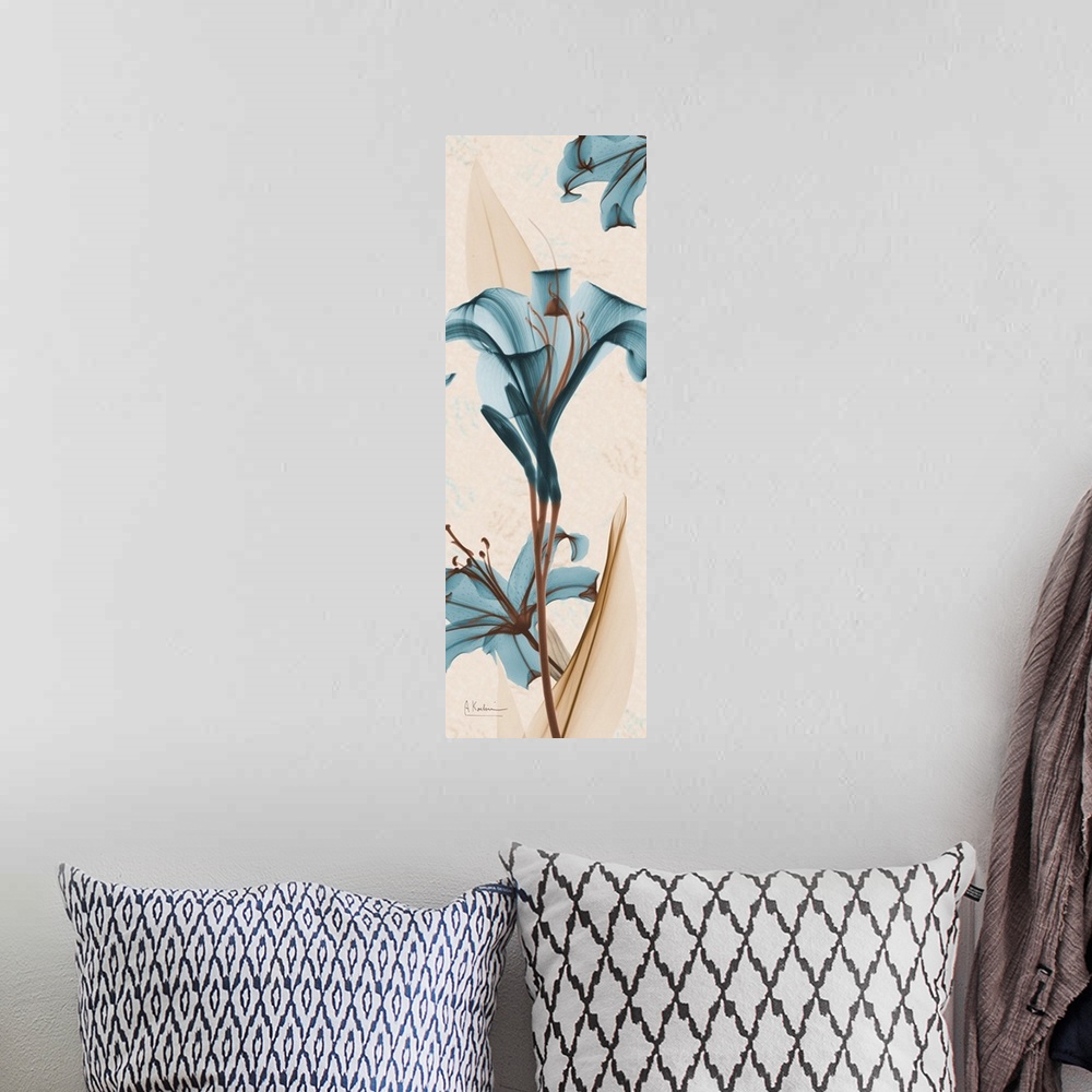 A bohemian room featuring Vertical x-ray photograph of lilies on an earth toned background.