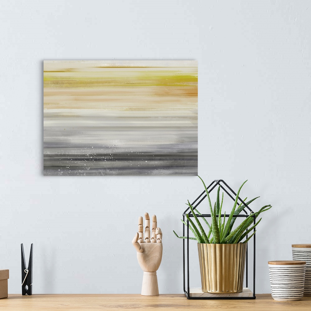 A bohemian room featuring Abstract contemporary painting of faded streaks moving horizontally along the canvas.