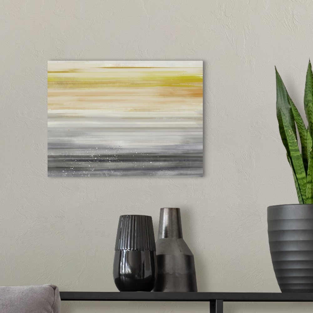 A modern room featuring Abstract contemporary painting of faded streaks moving horizontally along the canvas.