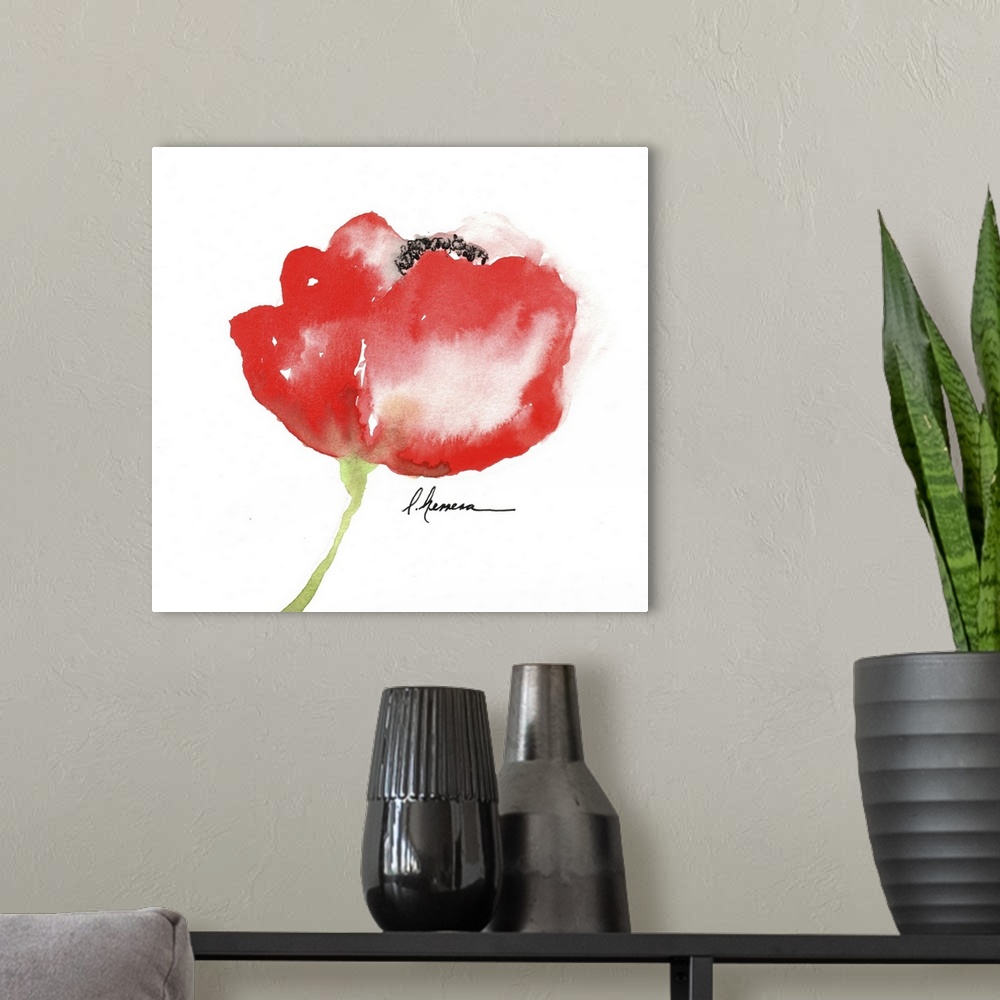 A modern room featuring Watercolor painting of a red poppy flower.