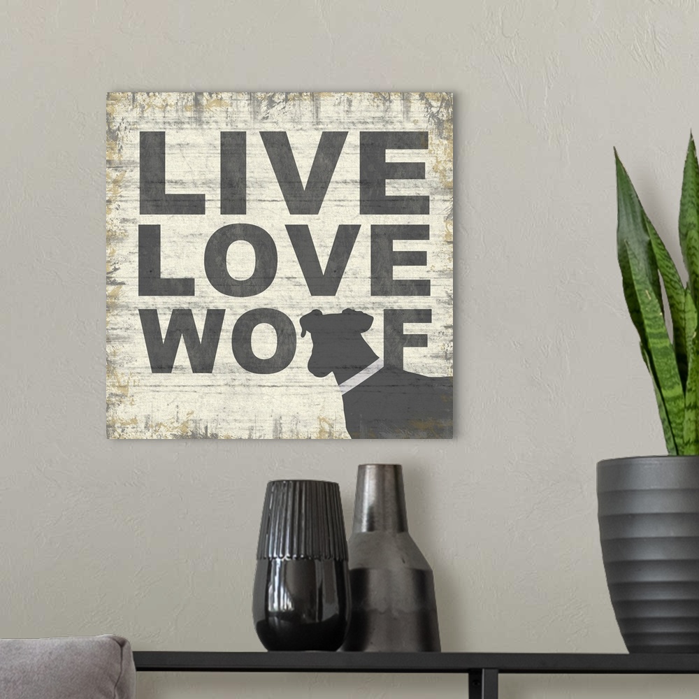 A modern room featuring Live Love Woof