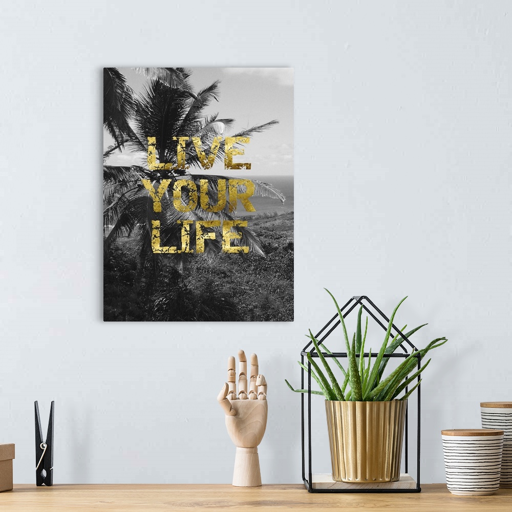 A bohemian room featuring "Live your life" written on top of a black and white photo of a beach scene with palm trees.
