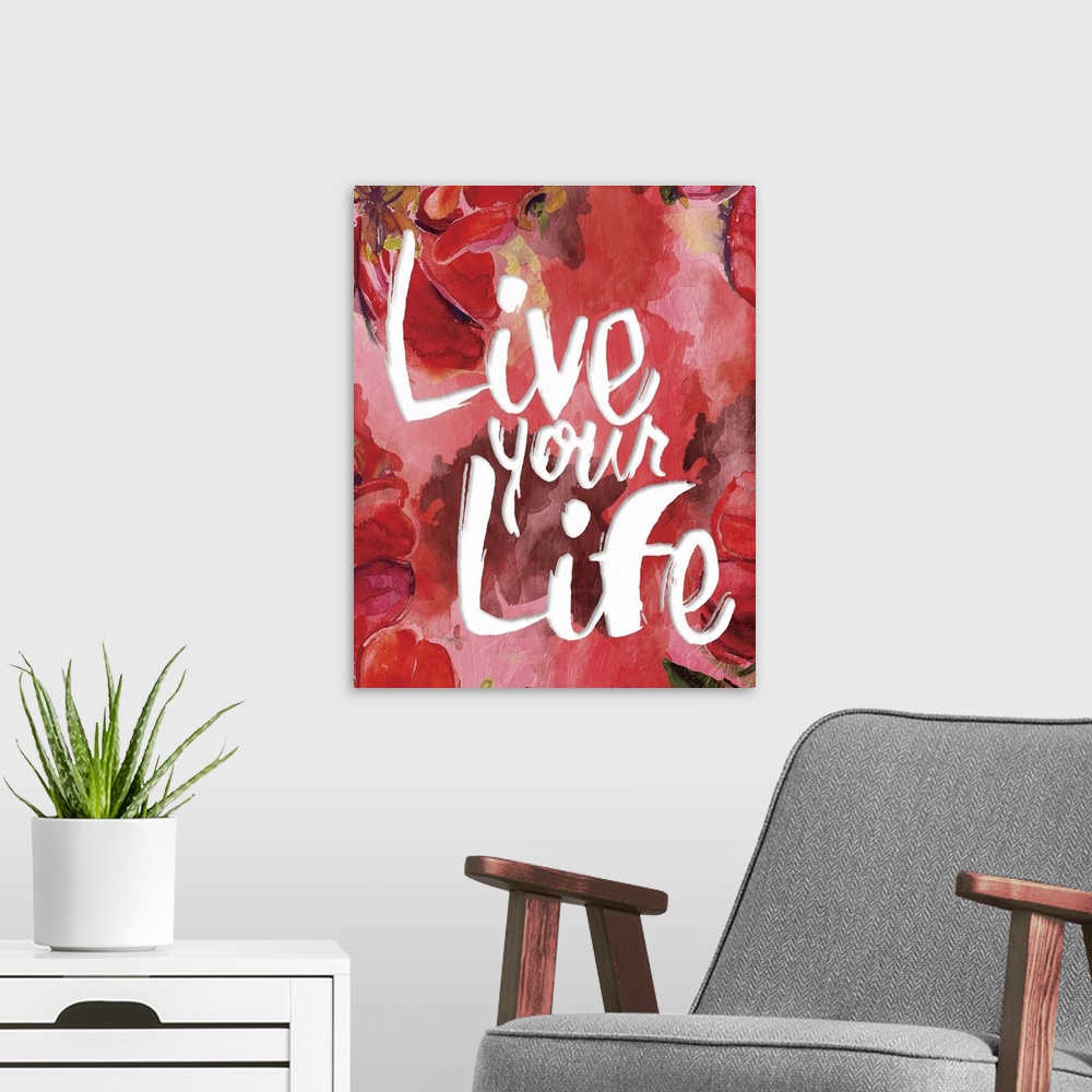 A modern room featuring White handlettered text over a red floral background.